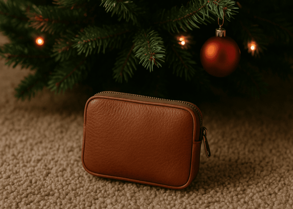 petite-pochette-en-cuir-au-pied-d-un-sapin-de-noel