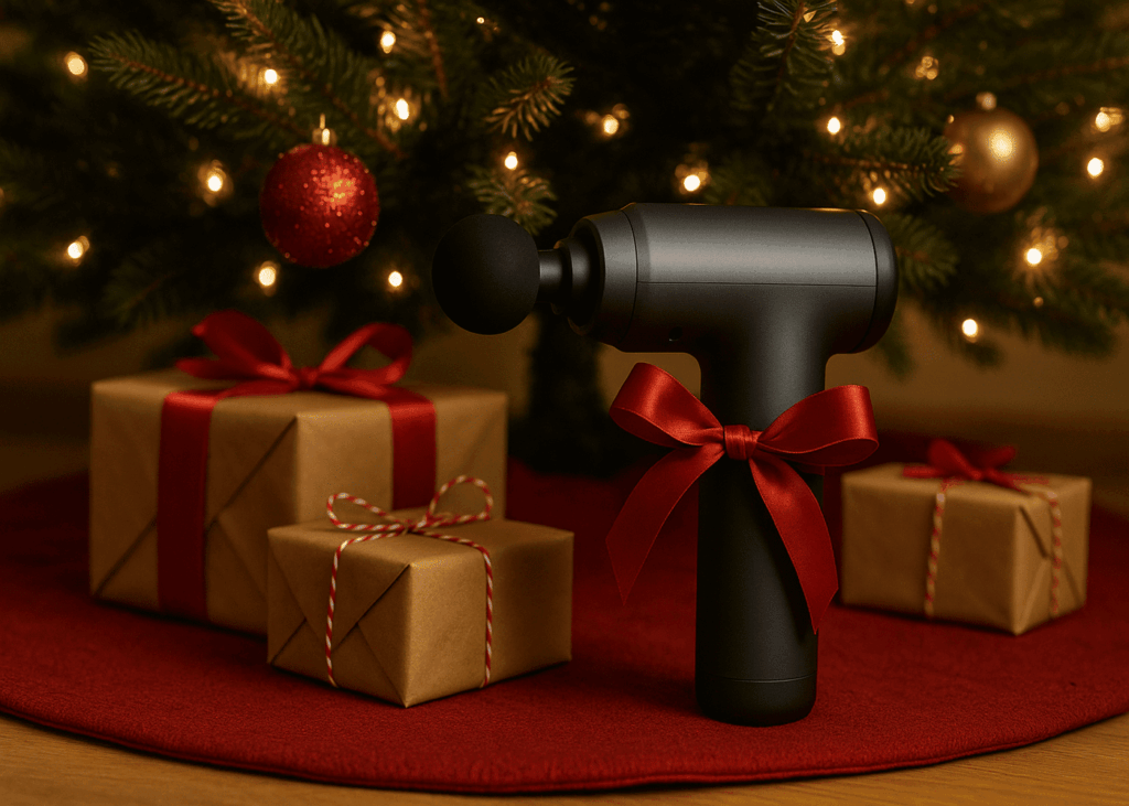 pistolet-de-massage-avec-un-ruban-rouge-au-pied-d-un-sapin-de-noel-avec-des-cadeaux