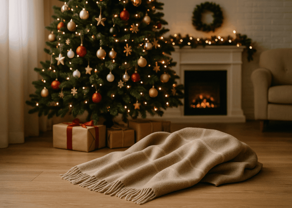 plaid-beige-en-cachemire-sur-le-sol-devant-un-sapin-de-noel