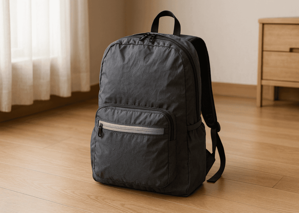 sac-a-dos-gris-dans-pose-par-terre-dans-une-piece