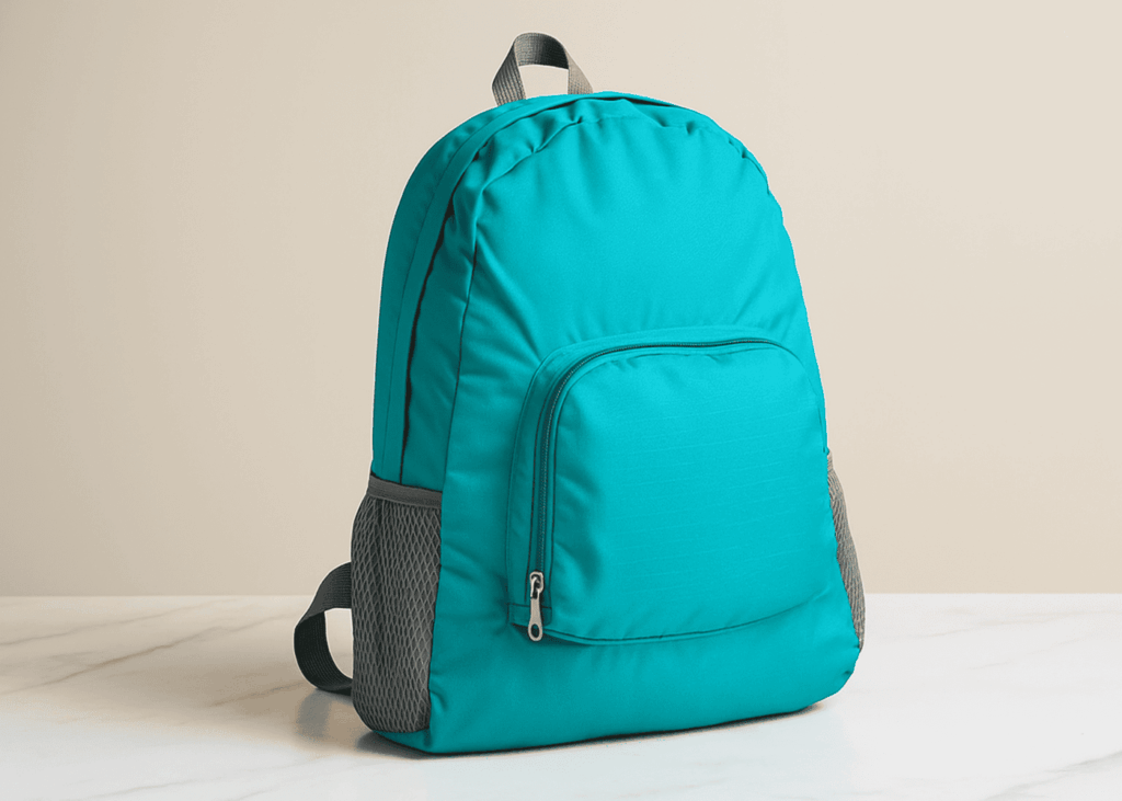 sac-a-dos-pliable-bleu-turquoise-pose-sur-une-table-blanche-sur-fond-beige