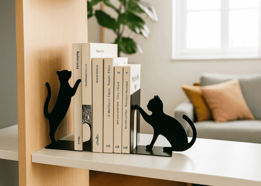 serre-livres-en-forme-de-chat-qui-tient-des-livres-poses-sur-une-etagere-dans-un-salon