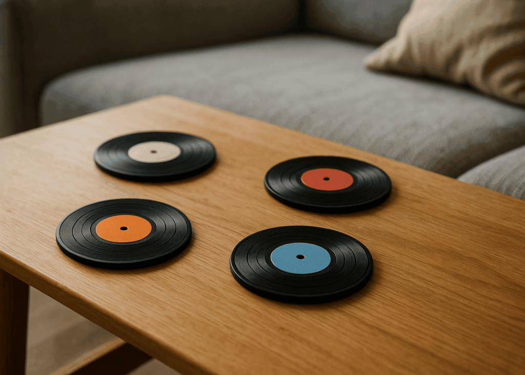 sous-verres-en-forme-de-vinyle-poses-sur-une-table-de-salon-en-bois