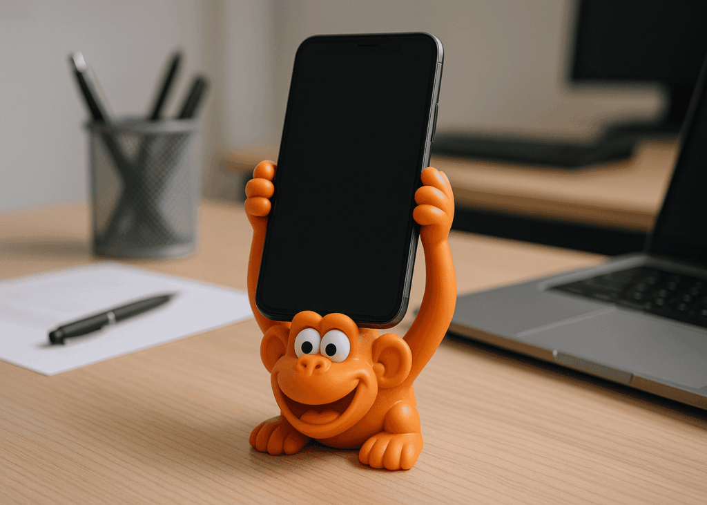 support-de-telephone-en-forme-de-singe-orange-pose-sur-un-bureau-de-travail