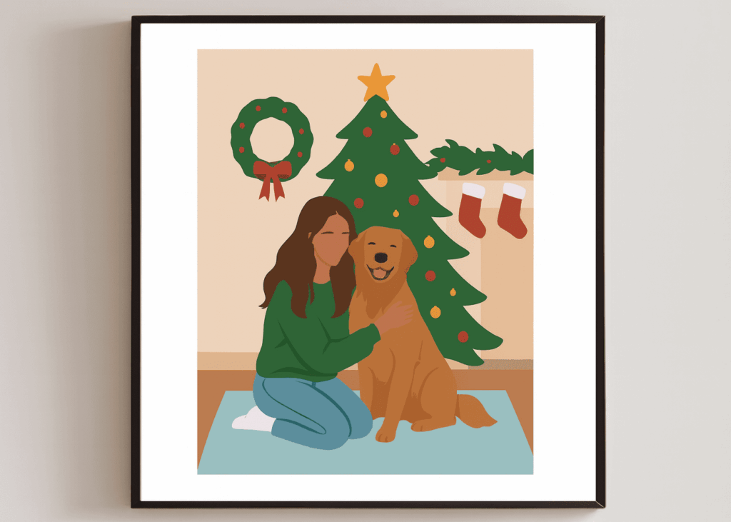 tableau-d-un-dessin-d-une-jeune-file-avec-chien-pres-du-sapin-de-noel