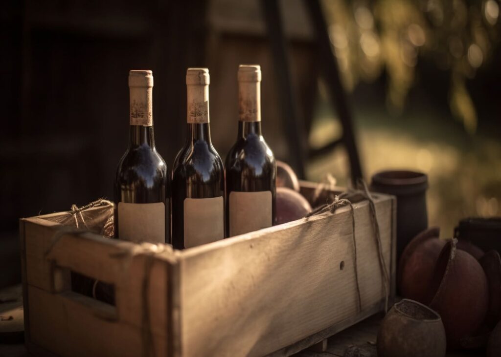 trois-bouteilles-de-vin-posees-dans-une-cagette-en-bois