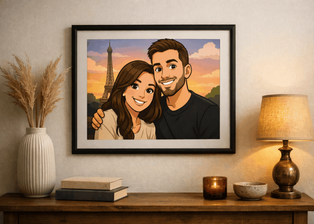 affiche-personnalisee-d-un-couple-facon-dessin-anime-accrochee-au-mur