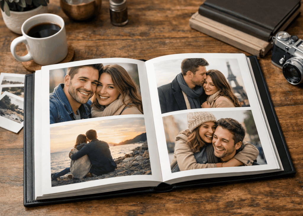 album-photo-d-un-couple-pose-sur-une-table-en-bois