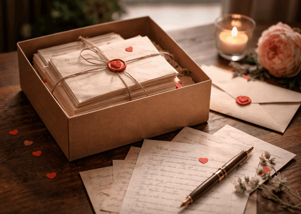 boite-en-carton-avec-des-lettres-dedans-sur-une-table-avec-d-autres-lettres-d-amour-posees