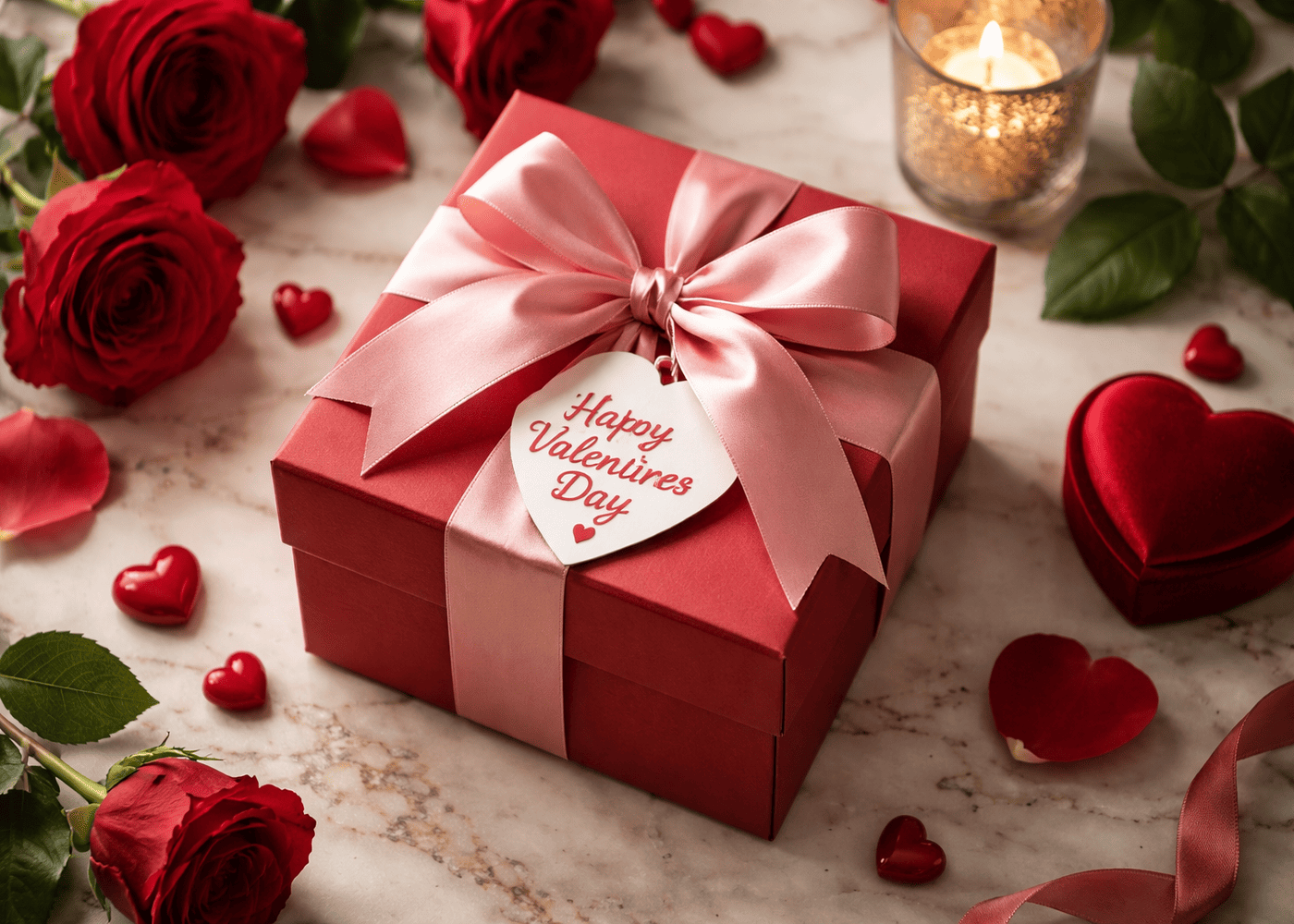 cadeau-de-saint-valentin-rouge-pose-sur-une-table-avec-petales-de-rose-et-une-bougie