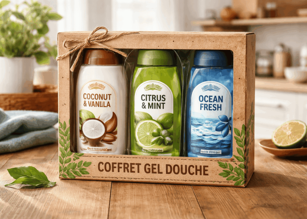 coffret-de-gel-douche-pose-sur-une-table-de-cuisine