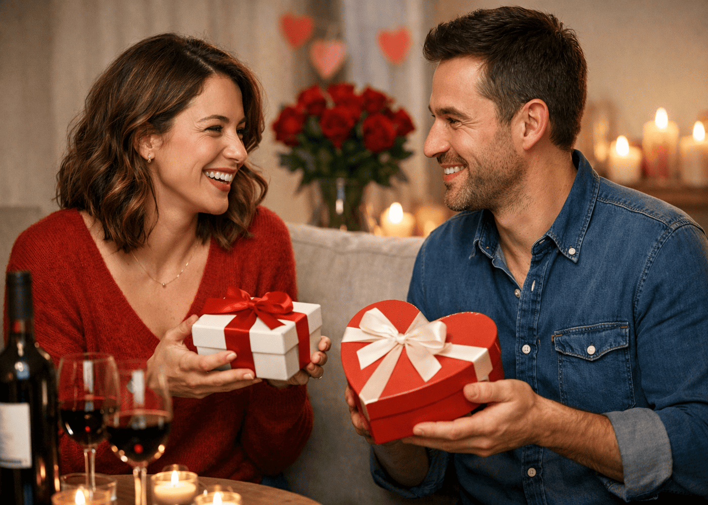 couple-assis-sur-un-canape-en-train-de-s-echanger-leur-cadeau-de-saint-valentin