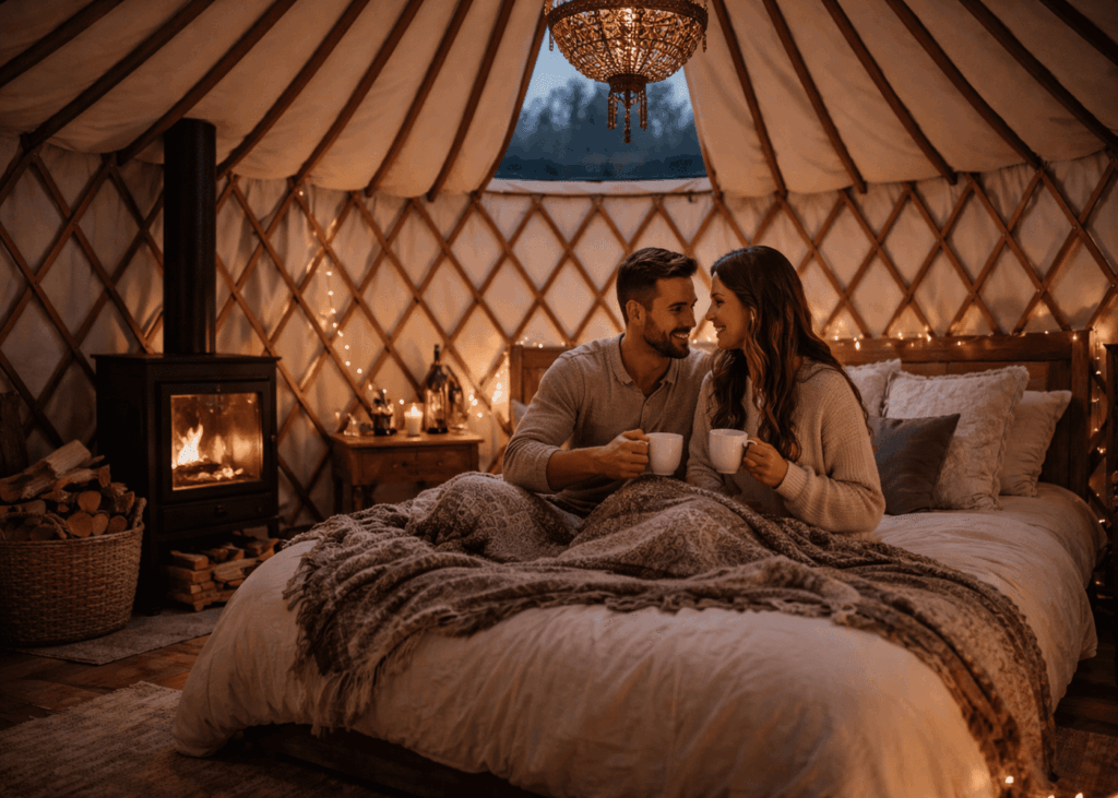 couple-assis-sur-un-lit-avec-une-tasse-dans-la-main-dans-une-yourte-cosy