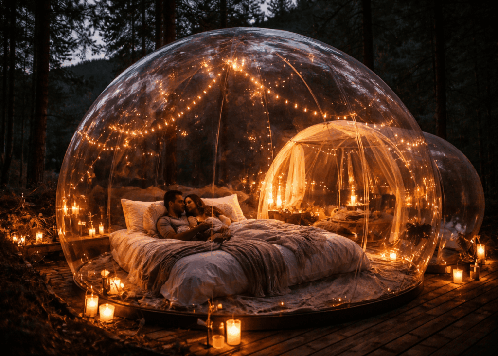 couple-couche-dans-un-lit-dans-une-bulle-transparente-en-pleine-nature