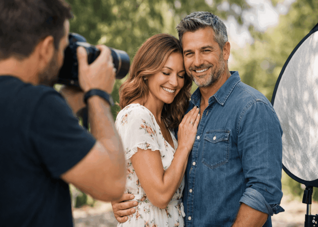couple-d-une-quarantaine-d-annees-qui-fait-un-shooting-photo-en-exterieur
