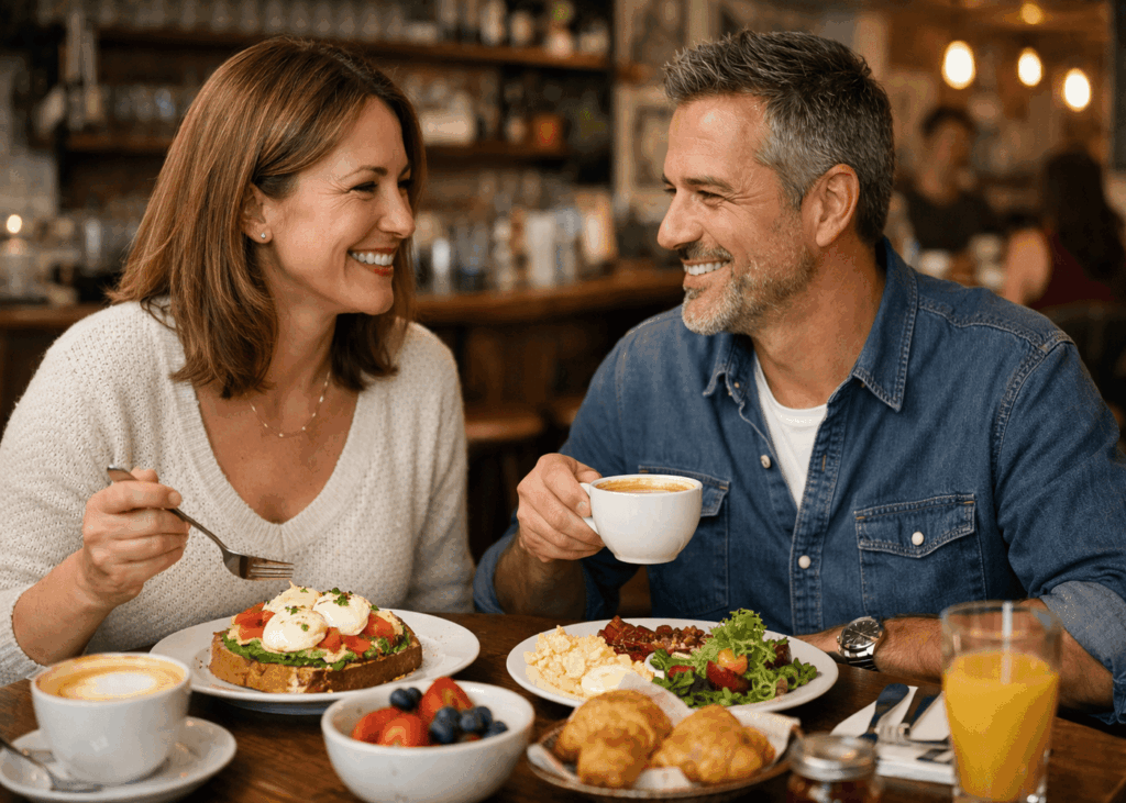 couple-d-une-quarantaine-d-annes-qui-brunchent-en-se-regardant-dans-les-yeux-en-souriant