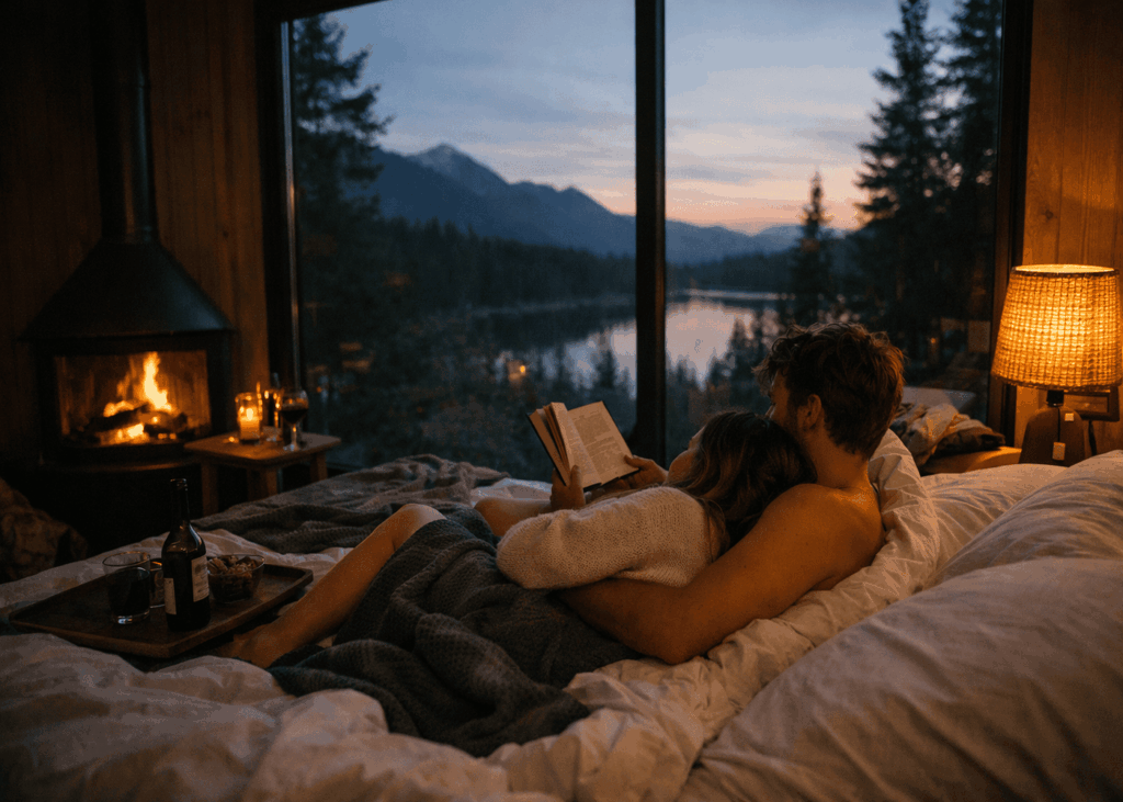 couple-enlace-sur-un-lit-et-qui-lit-un-livre-dans-une-chambre-avec-vue-sur-la-nature