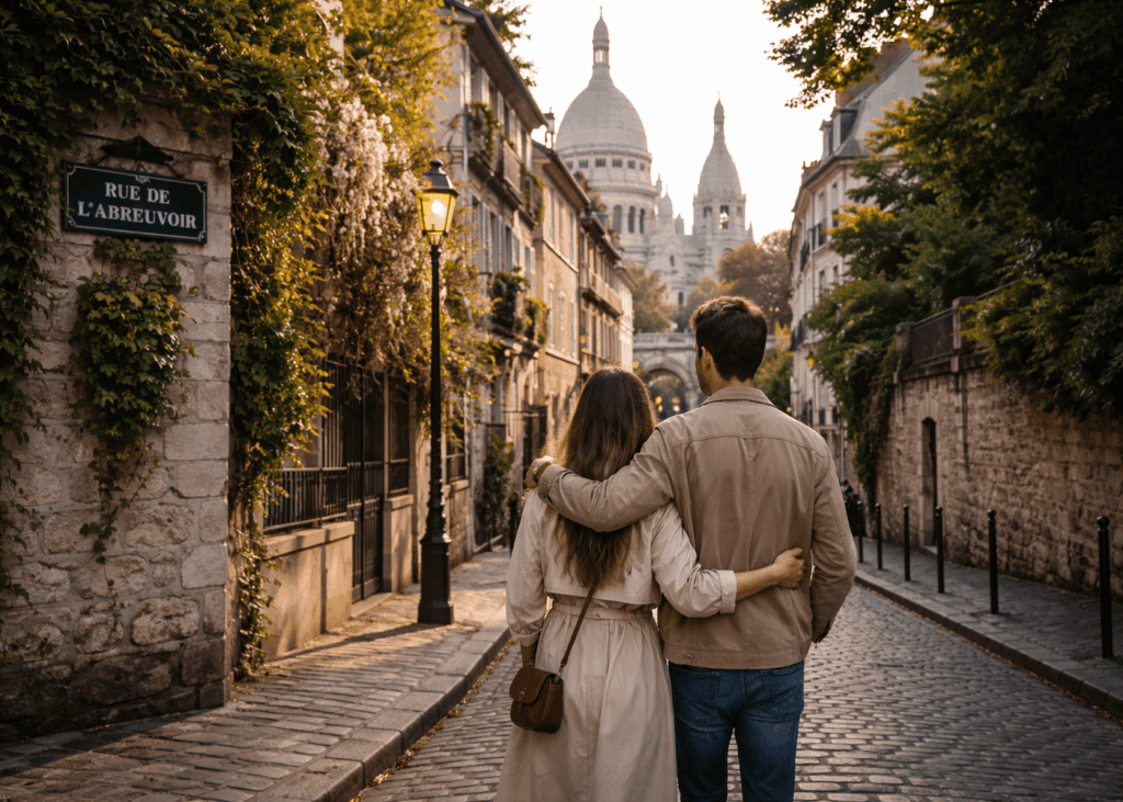 couple-enlaces-qui-marche-dans-une-rue-de-montmartre