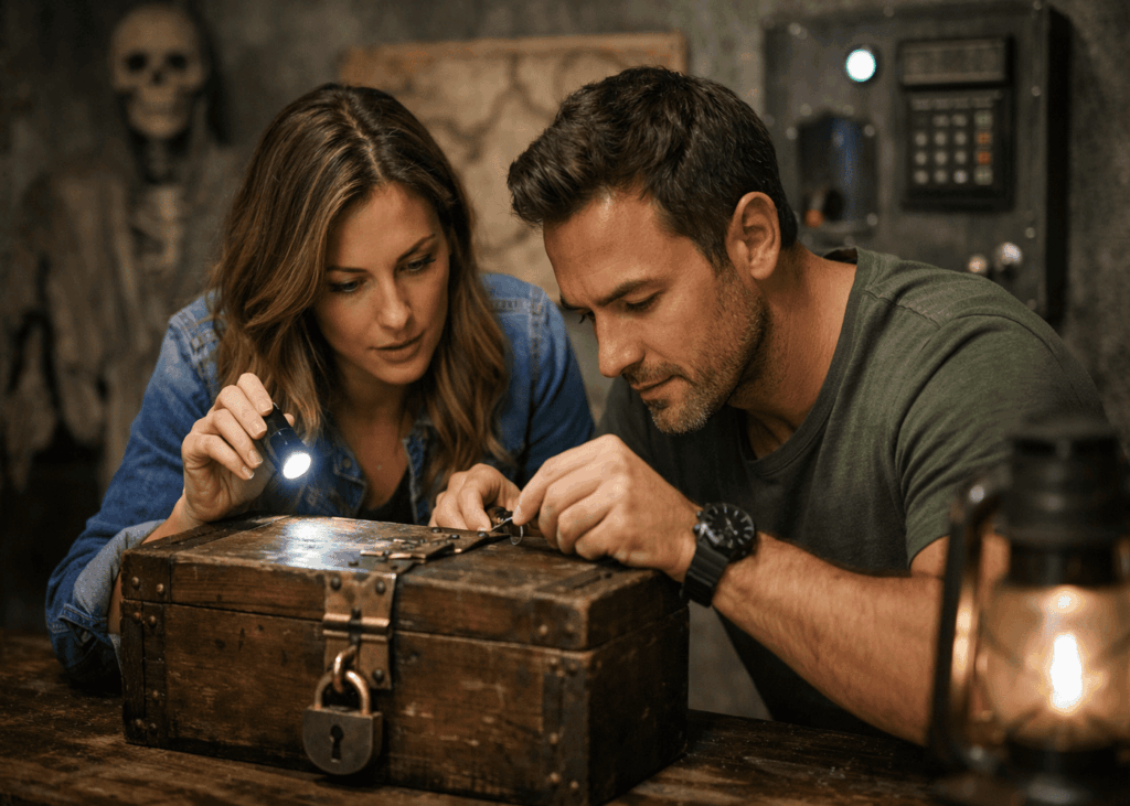 couple-qui-essaye-d-ouvrir-un-coffre-fort-lors-d-un-escape-game