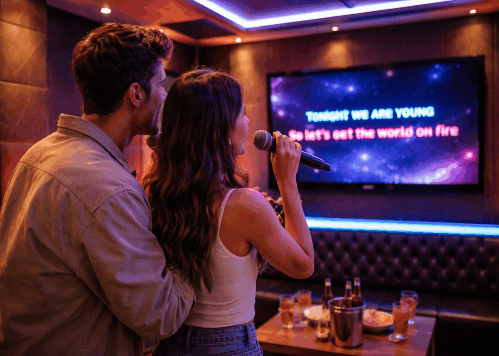couple-qui-fait-un-karakoe-et-chante-devant-une-tele-avec-paroles