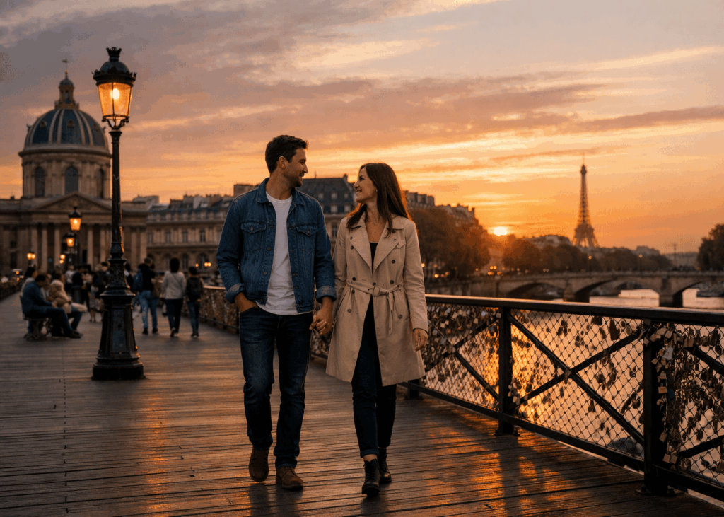 couple-qui-marche-main-dans-la-main-sur-le-pont-des-arts-au-coucher-du-soleil