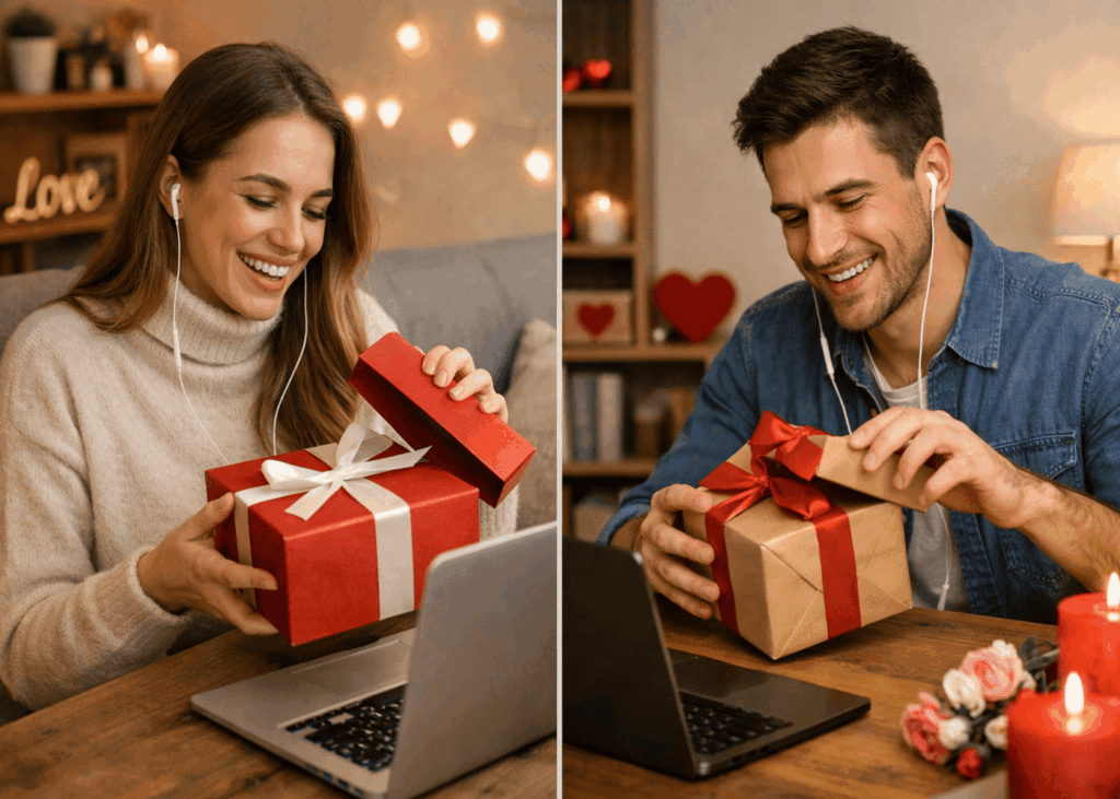 couple-qui-ouvre-son-cadeau-de-saint-valentin-a-distance-par-visio-ordinateur