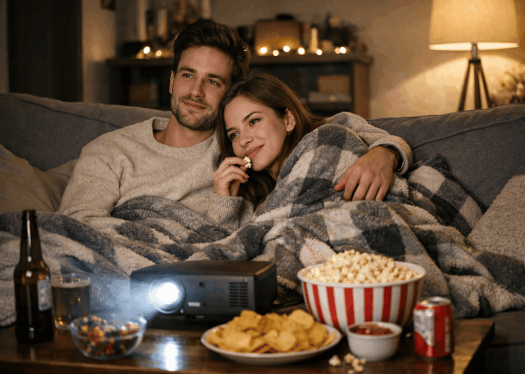 couple-qui-regarde-un-film-avec-un-retroprojecteur-sous-un-plaid-enlaces-sur-le-canape