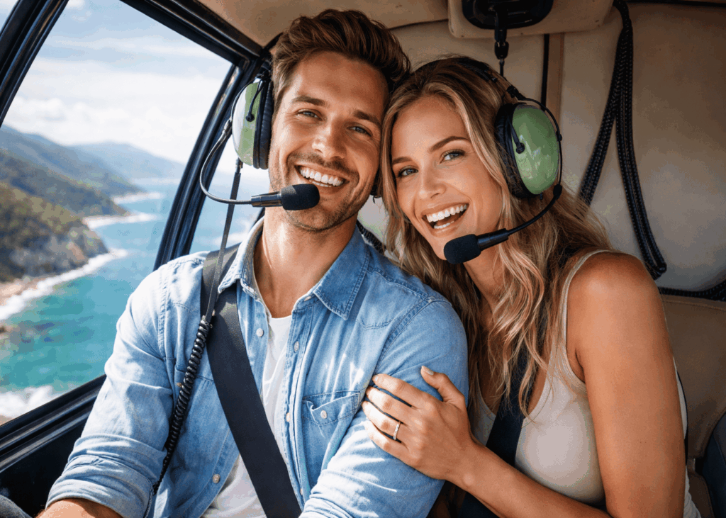 couple-souriant-avec-casque-qui-font-un-vol-en-helicoptere