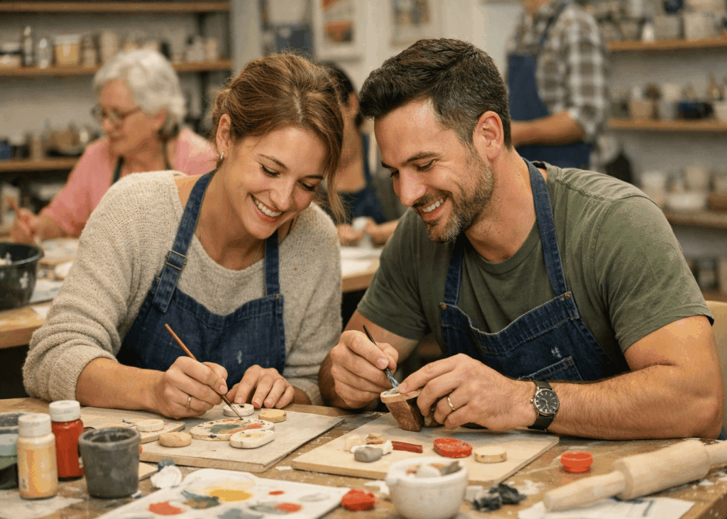 couple-souriant-qui-fait-un-atelier-de-peinture-sur-ceramique