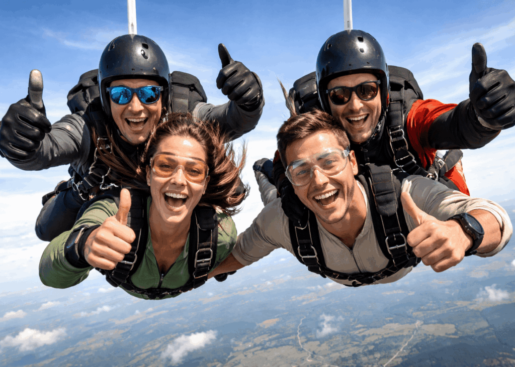 couple-souriant-qui-fait-un-saut-en-tandem-parachute-avec-deux-instructeurs