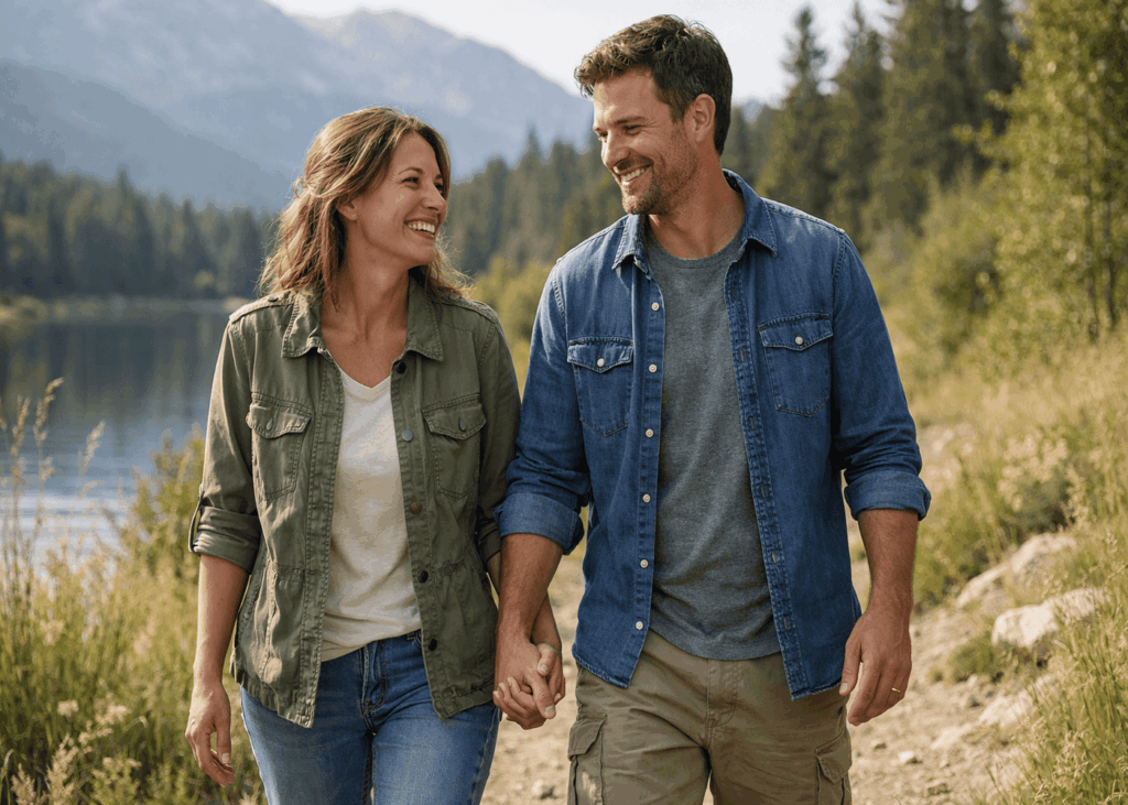 couple-souriant-qui-marche-main-dans-la-main-en-pleine-nature