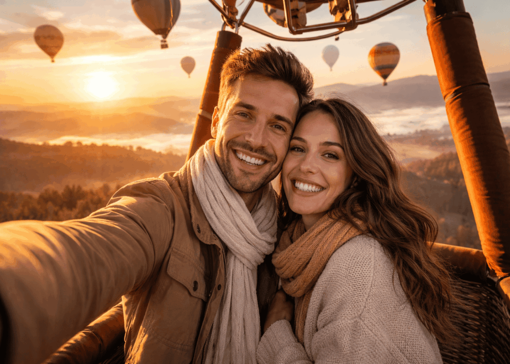 couple-souriant-qui-pose-pour-un-selfie-lors-d-un-vol-en-montgolfiere-au-lever-du-soleil