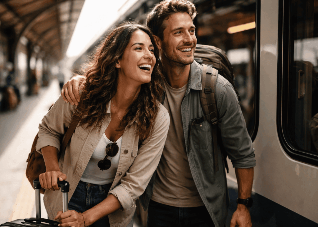 couple-souriant-qui-s-apprete-a-monter-dans-le-train-pour-voyager