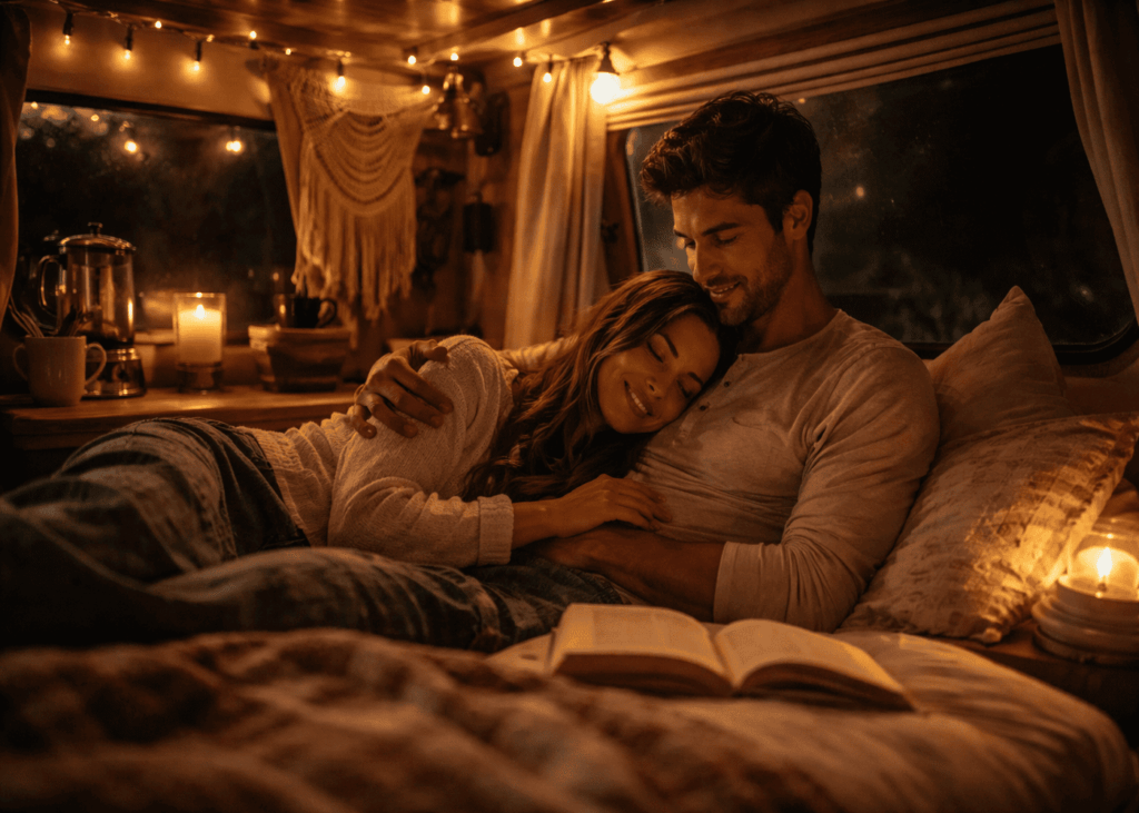 couple-souriant-qui-s-enlace-dans-un-lit-dans-une-roulotte