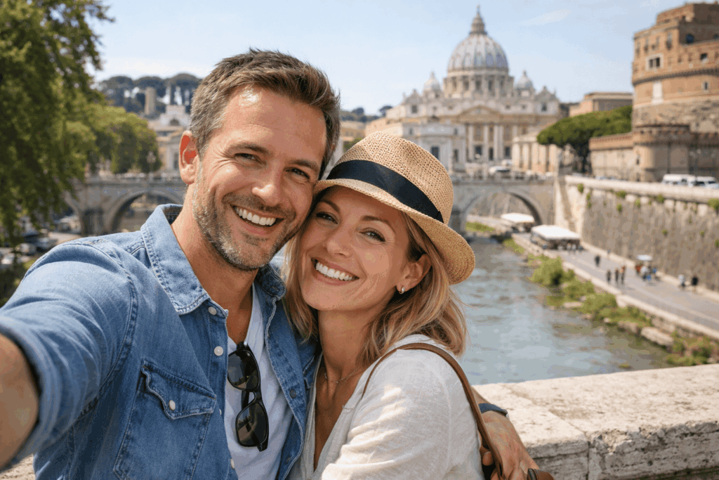 couple-souriant-qui-se-prend-en-selfie-a-rome