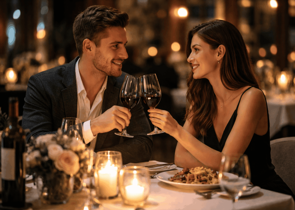 couple-souriant-qui-trinque-pendant-un-diner-romantique-dans-un-restaurant