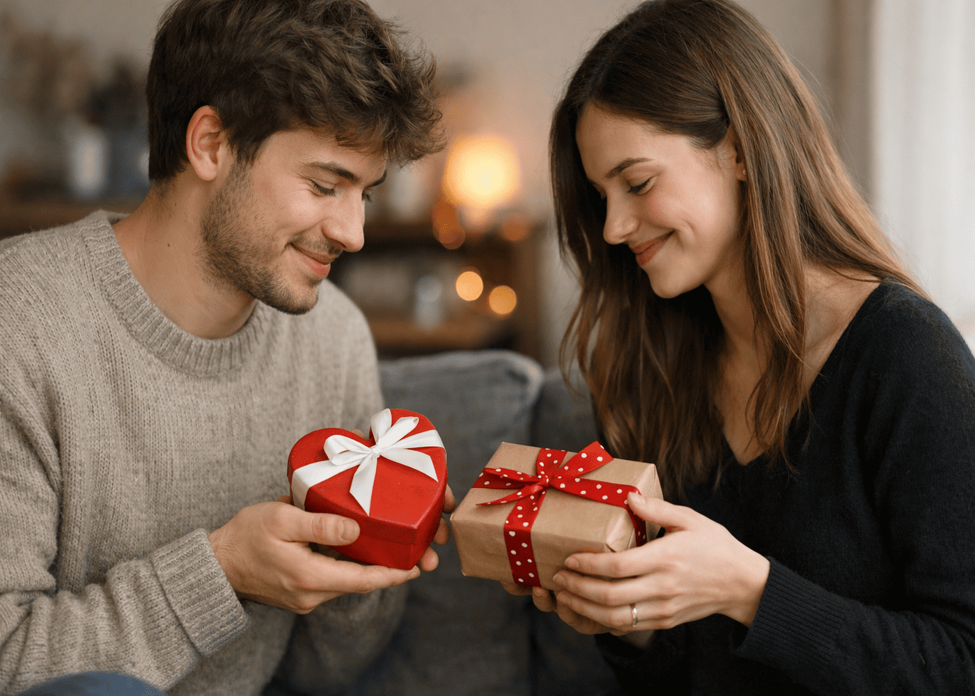 couple-souriant-un-peu-timide-qui-s-echange-leur-cadeau-de-saint-valentin