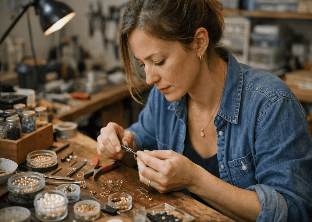 femme-qui-cree-son-propre-bijou-sur-une-table-en-bois