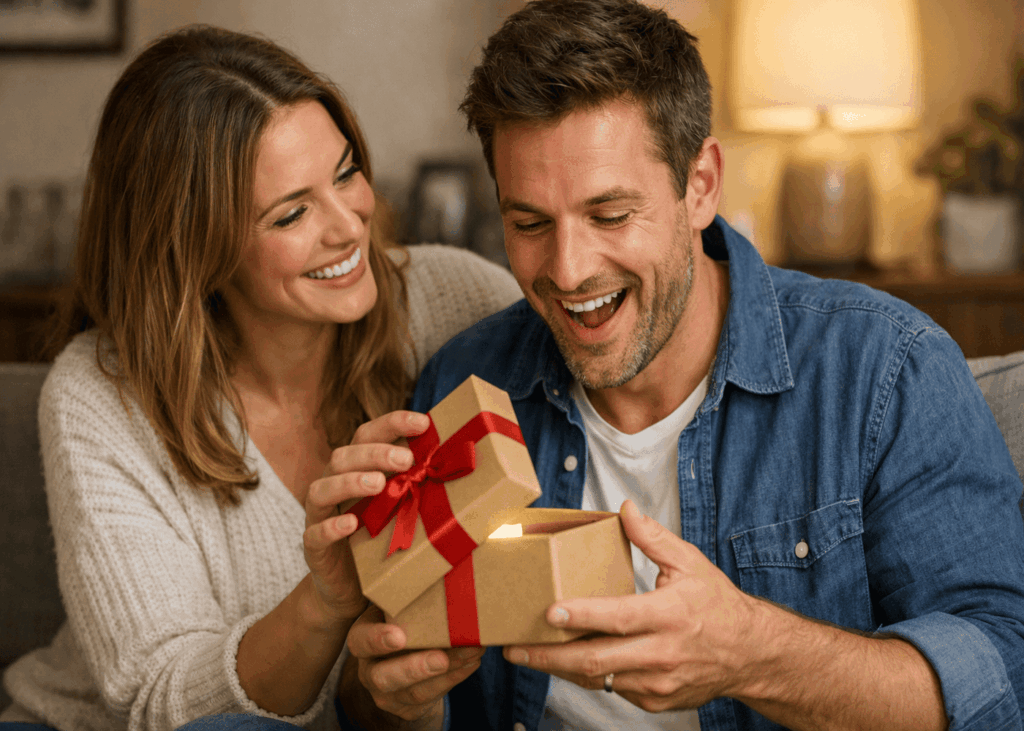 femme-qui-offre-un-cadeau-a-son-mari-content-assis-sur-le-canape-du-salon
