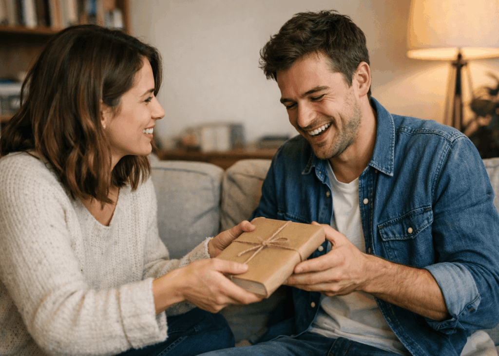 femme-qui-offre-un-livre-a-son-copain-heureux