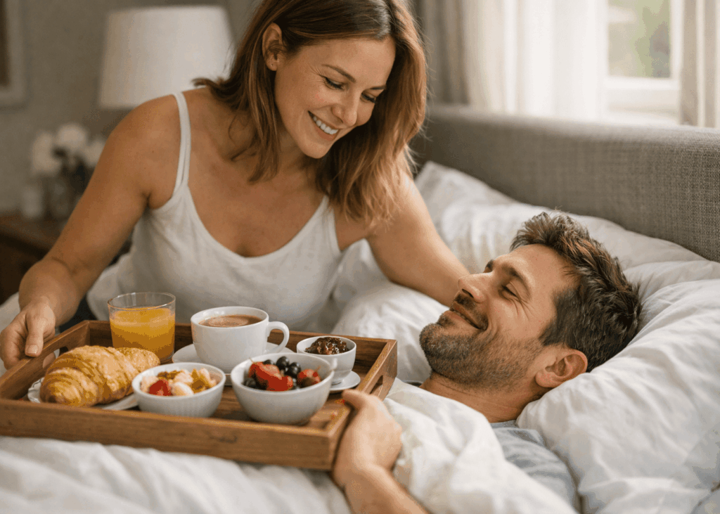 femme-qui-reveille-son-copain-avec-un-petit-dejeuner-au-lit