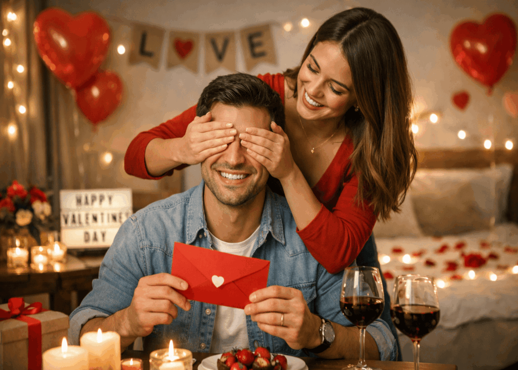 femme-qui-surprend-son-copain-avec-des-surprises-romantiques-pour-la-saint-valentin