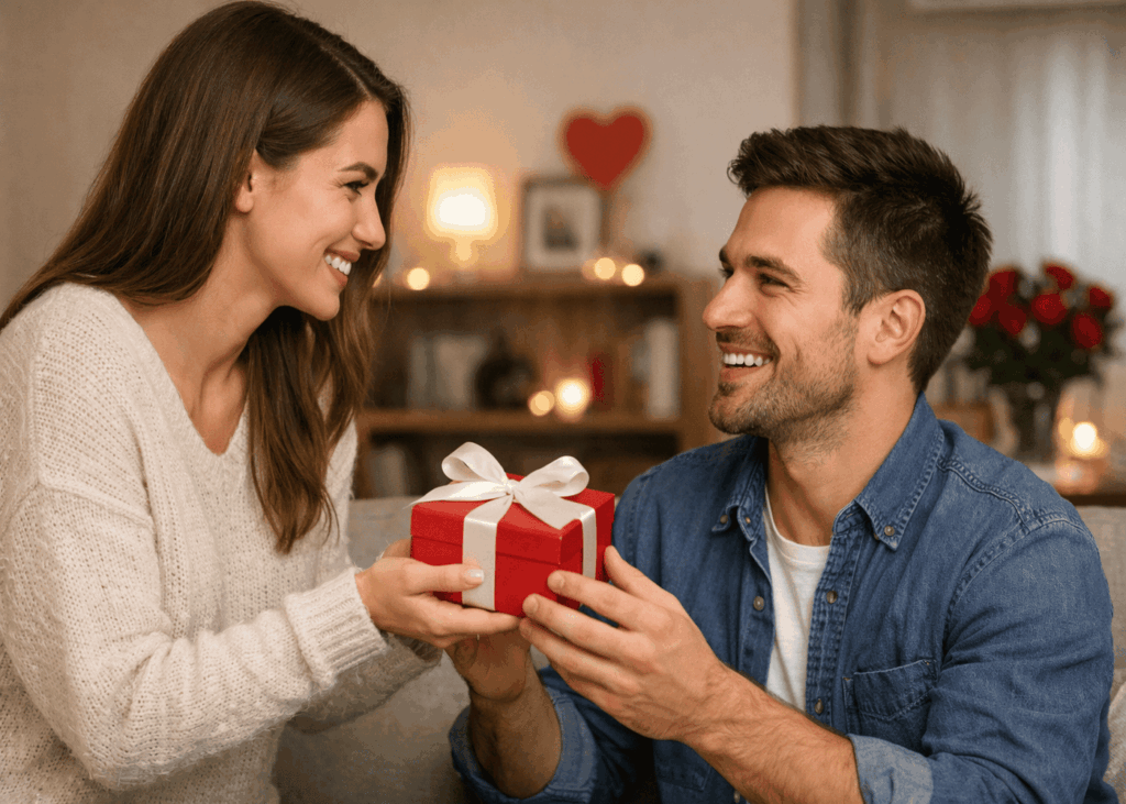 femme-souriante-qui-offre-un-cadeau-de-saint-valentin-a-son-copain-heureux