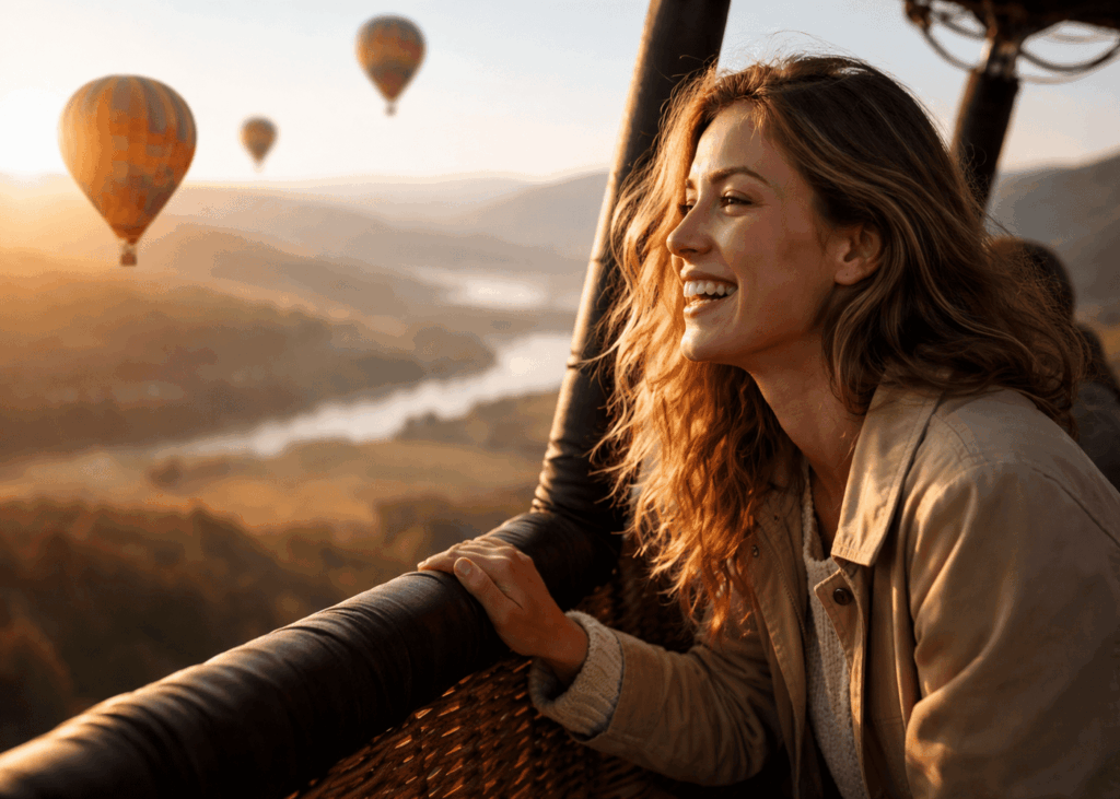 femme-souriante-qui-regarde-le-paysage-pendant-un-vol-en-montgolfiere