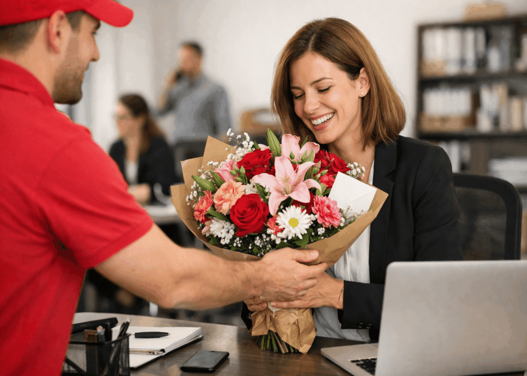 femme-souriante-qui-se-fait-livrer-des-fleurs-sur-son-lieu-de-travail