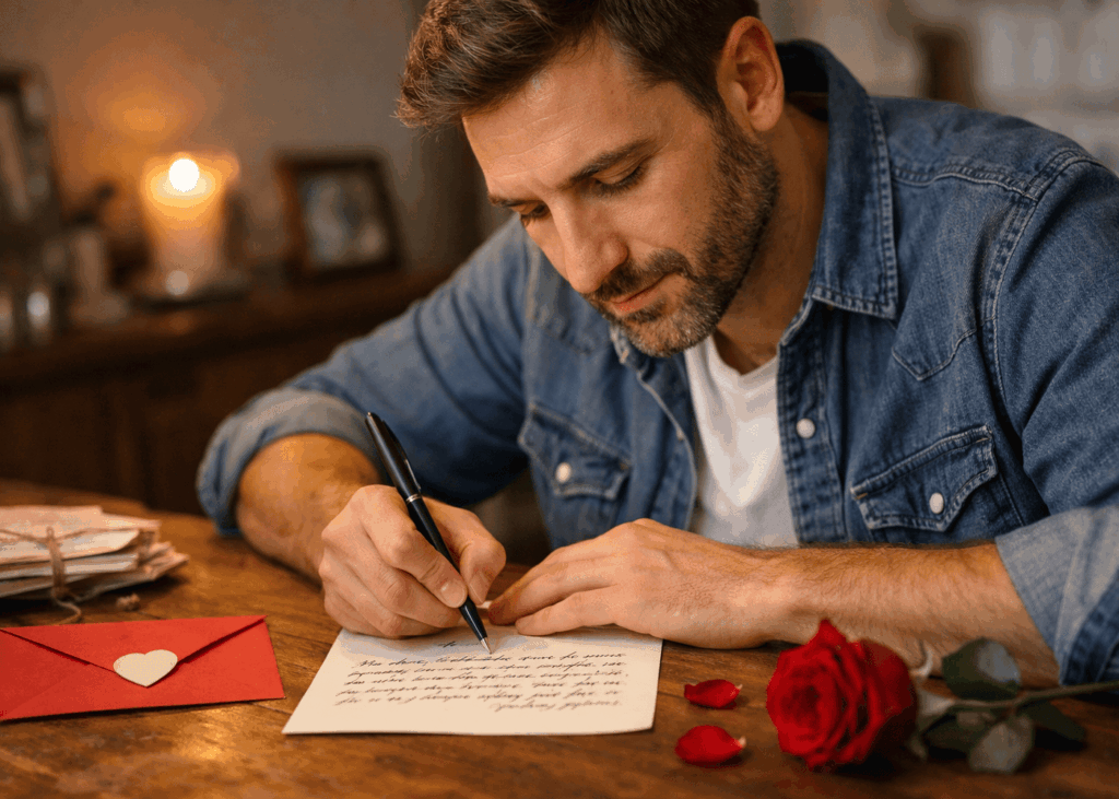 homme-concentre-qui-ecrit-une-lettre-d-amour-avec-une-rose-et-une-enveloppe-rouge-a-cote