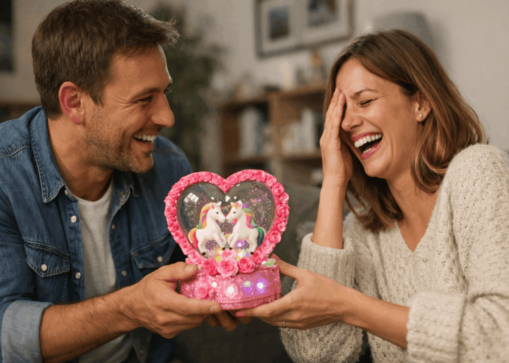 homme-qui-offre-un-cadeau-kitsch-a-sa-copine-qui-rigole