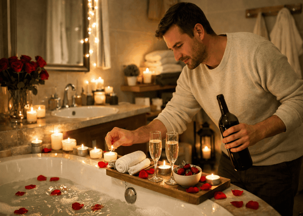 homme-qui-prepare-sa-salle-de-bain-en-mode-spa-pour-la-saint-valentin