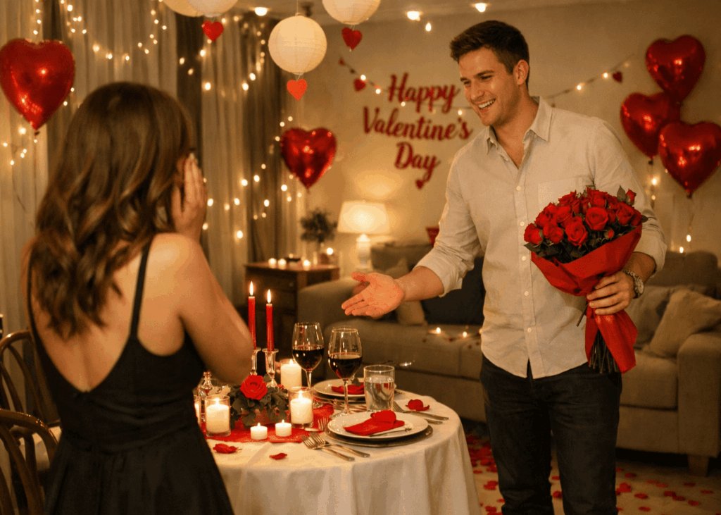 homme-qui-surprend-sa-copine-un-bouquet-de-roses-dans-les-mains-apres-avoir-decore-leur-salon-pour-la-saint-valentin
