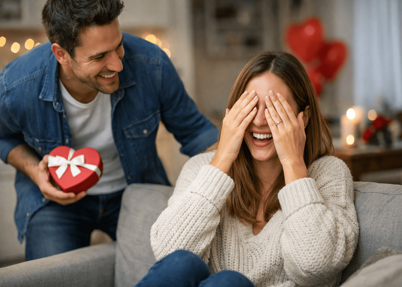 homme-qui-surprend-sa-petite-amie-avec-un-cadeau-de-saint-valentin-en-forme-de-coeur